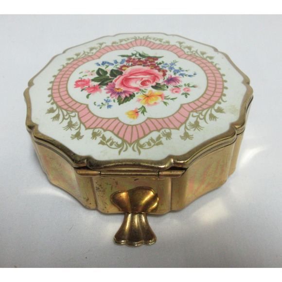 VTG Stratton 3 Foot Gold Tone Pink Rose Floral Victorian Trinket Jewelry Box - Picture 2 of 6
